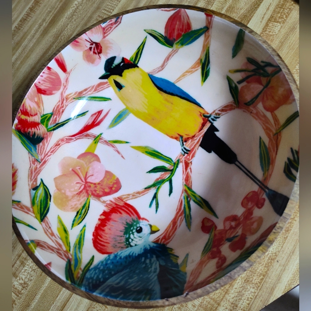 Opal House Mango Wooden Serving Bowl Bird Floral Wood Lacquered Finish Interior